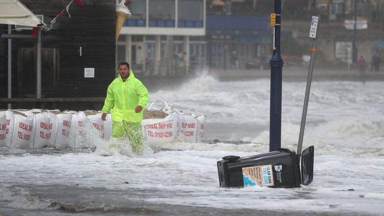 Autumn weather October 2, 2020 Waves crash on the beach in Swansea in Dorset.  Some parts of the UK are preparing for heavy rains and high winds as storm Alex predicts bad weather over the weekend.