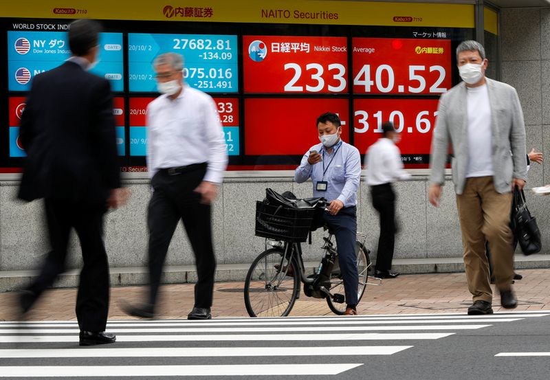 © Reuters.  File photo: Travelers wearing safety masks walk across the screen displaying the Nikkei stock average and global stock indexes amid the outbreak of the Corona virus disease (COVID-19) in Tokyo.