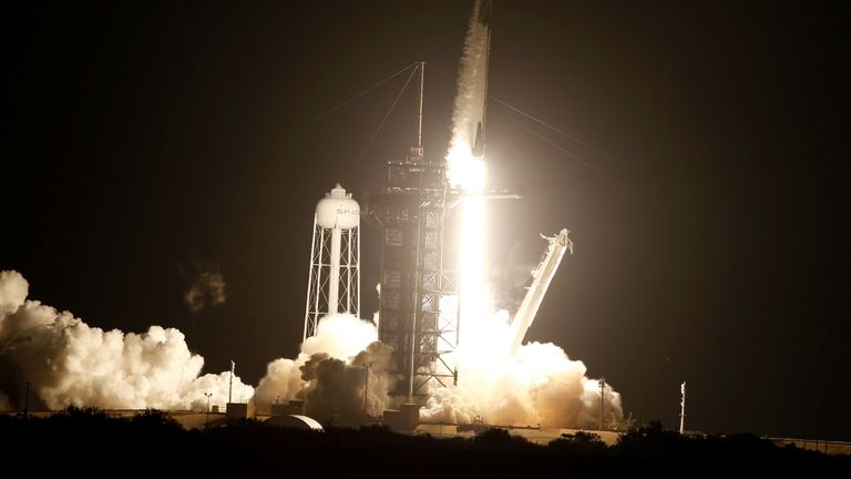 The SpaceX Falcon 9 rocket is launched with the Crew Dragon capsule