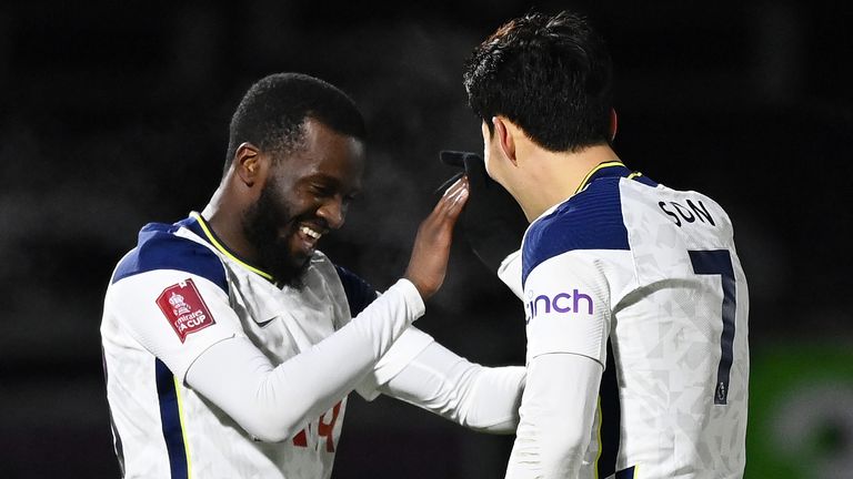 Tangi Ndombele celebrates his first goal - Tottenham & # 39;  Third place - with team-mate Heung-Min Son