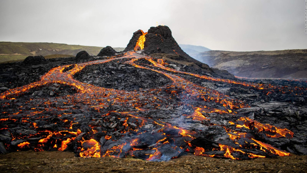Drone records a lava river from a volcano eruption in Iceland