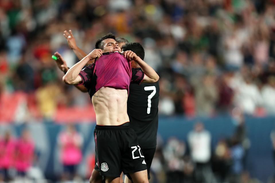 DENVER, CO - June 06: Hersing Lozano # 22 of Mexico responds after losing the CONCACAF Nations League Championship final between the United States and Mexico on June 6, 2021 at Empower Field on Mile Highway in Denver, Colorado.  (Photo by Omar Vega / Getty Images)