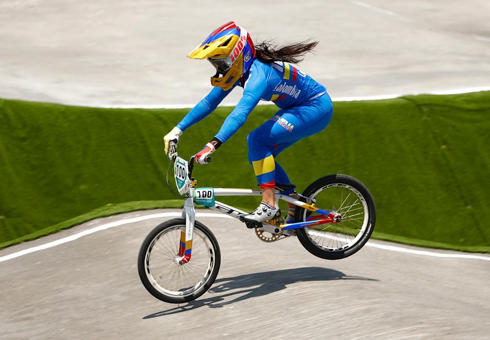 TOKYO, Japan - July 29: Colombia's Mariana Bajon jumps into the women's BMX quarterfinal heat 1, running on Day 6 of the sixth edition of the 2020 Tokyo 2020 Olympics on July 29, 2021 in Tokyo.  Japan (Photo by Ezra Shah / Getty Images)
