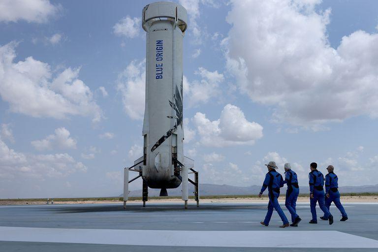The moment Jeff Bezos and his crew walk towards a New Shepard rocket from his company Blue Origin