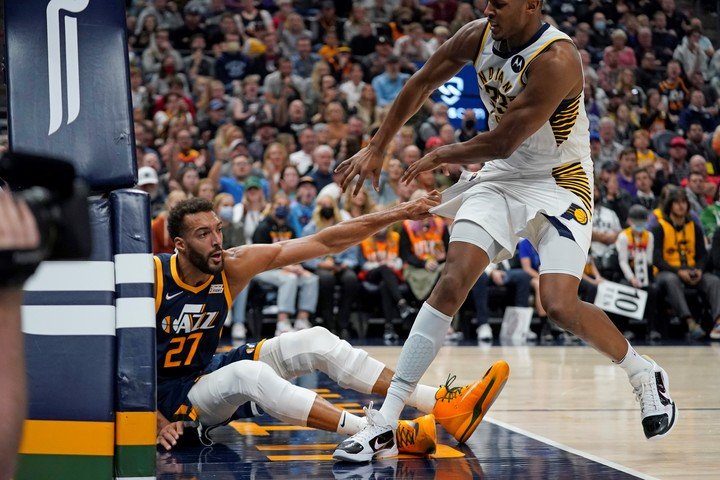 Rudy Gobert (grabs Myles Turner out of his shorts so he ends up on the floor (AP Photo/Rick Bowmer)