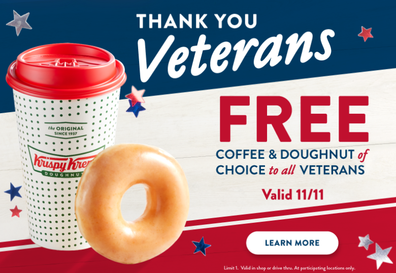 Krispy Kreme is giving away free coffee and a free donut on Veterans Day 2021.