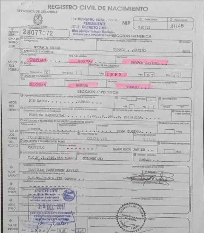 This is Byrne Castillo's birth certificate, confirming that he is a Colombian, not an Ecuadorian.