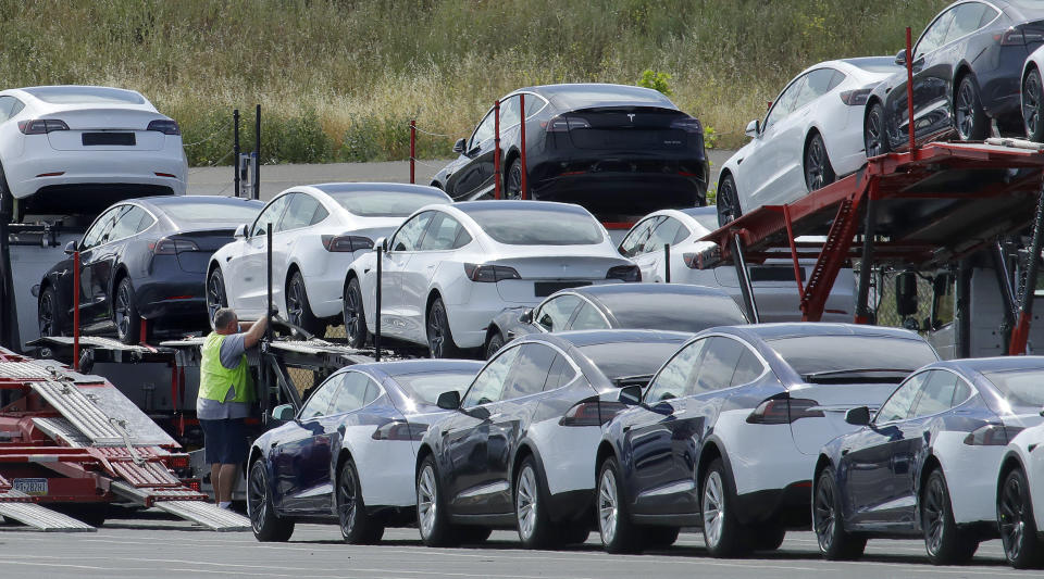 Unloading Tesla cars at the Fremont plant in California, USA.  (AP Photo/Ben Margot, File)
