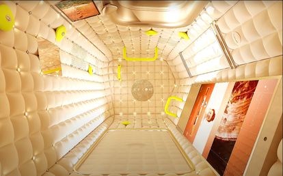 Interior design of one of the cabins of a futuristic Axiom Orbital Laboratory.