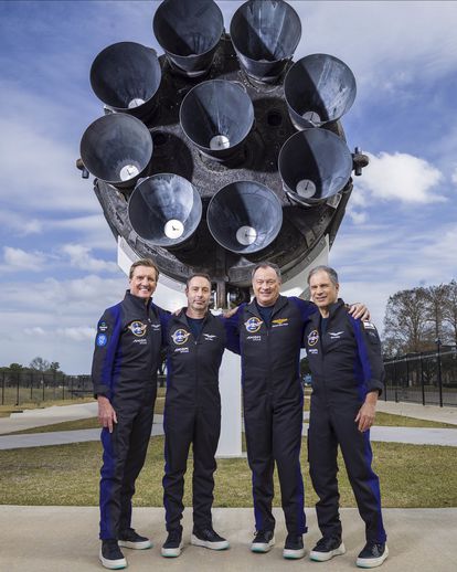 Image provided by Axiom Space showing the crew of the Axiom 1 (X-1) mission: left to right, Larry Connor, Mark Bathy, Commander Miguel Lopez Alegria, and Eitan Stipe.