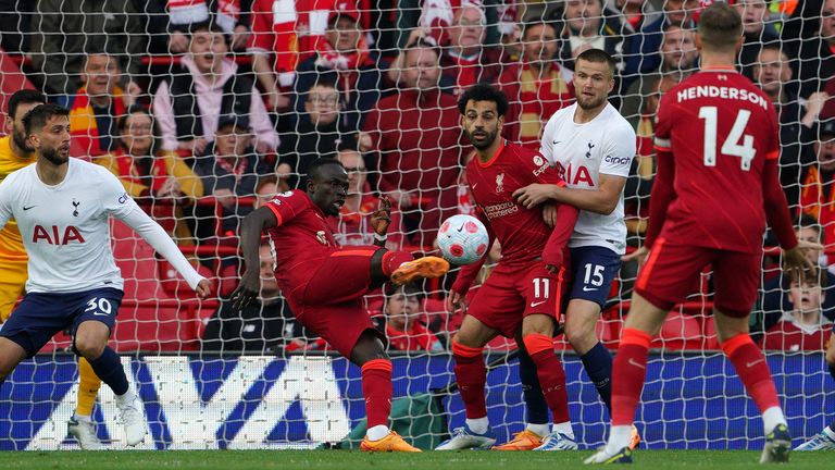 Liverpool, Sadio Mane, shoots on goal during the English Premier League match against Tottenham