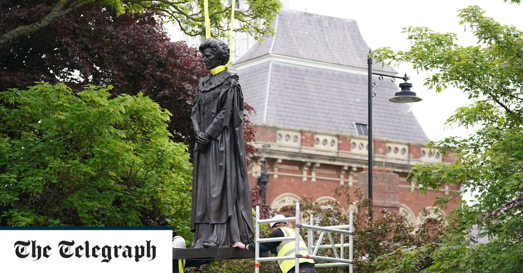 Statue of Margaret Thatcher instigated by protesters just hours after it was taken down in Grantham