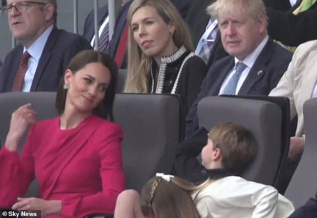 Kate Middleton was spotted sending a kiss to her troubled four-year-old son Prince Louis while the family watched the Jubilee Pageant