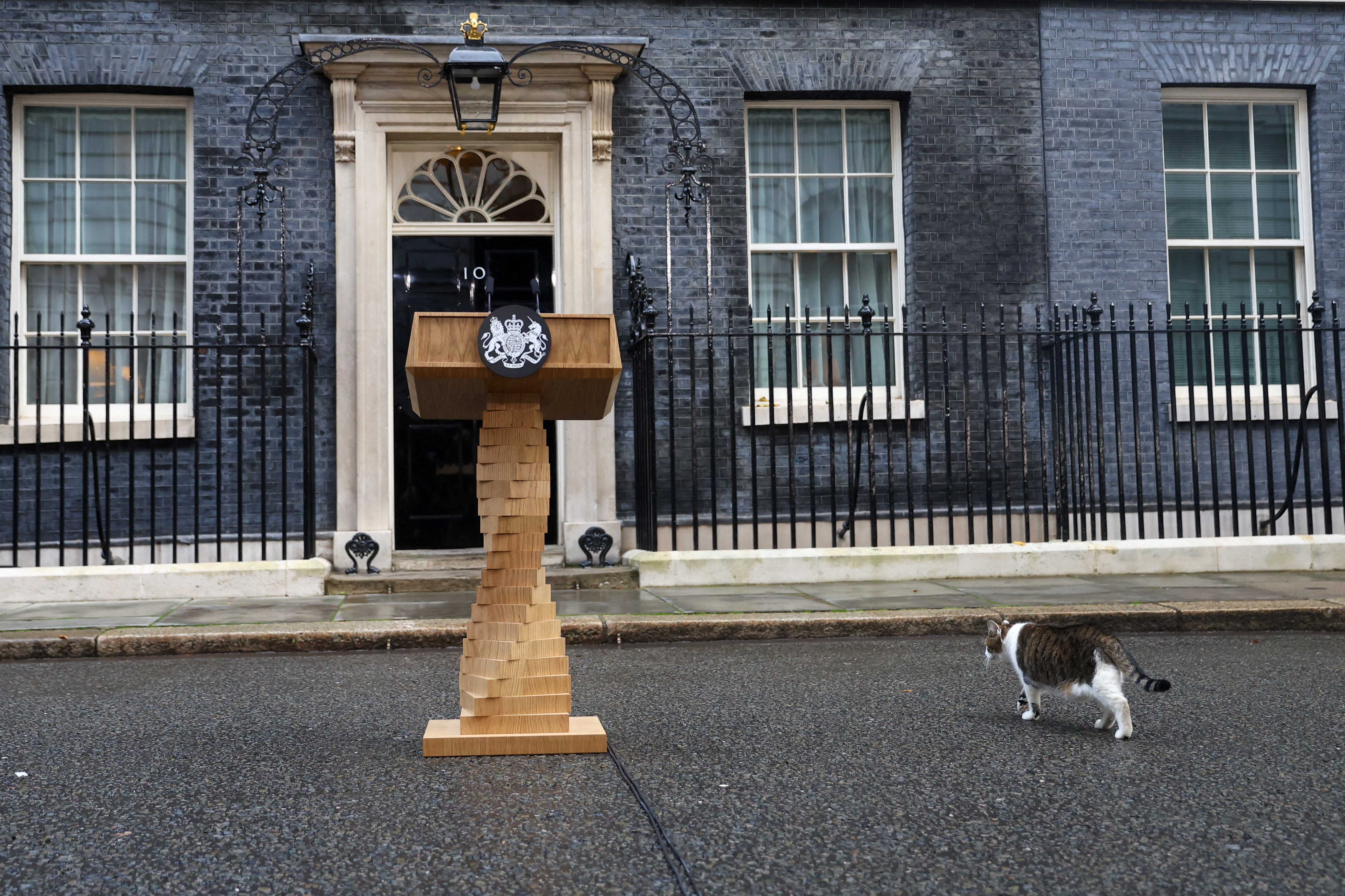 Larry the cat, always close to 10 Downing Street, has seen three prime ministers pass by in two months (REUTERS/Hannah McKay)