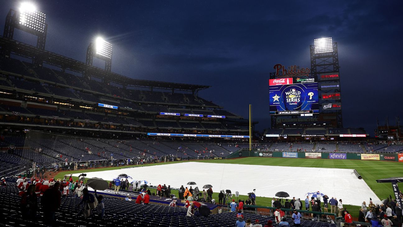 Game 3 of the World Series was postponed and extended by a day due to rain in Philadelphia