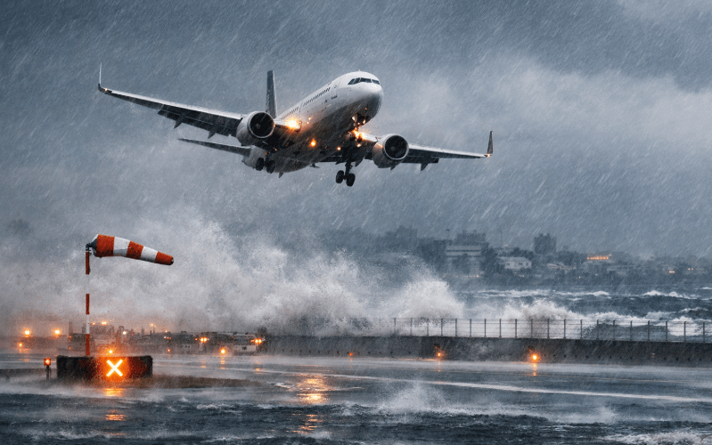 The moment a plane had to stop landing due to winds from Typhoon Shanshan in Japan